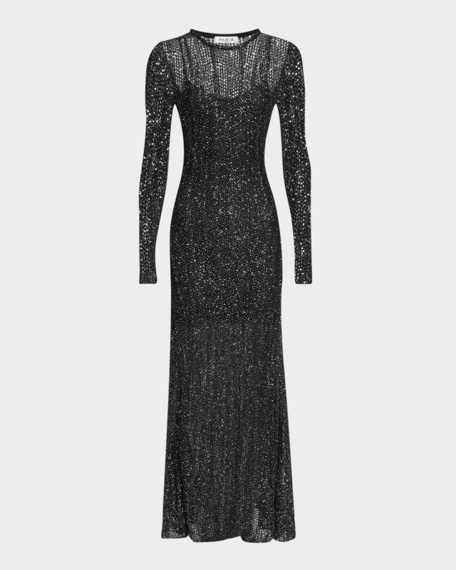 Long Sequined Knit Long-Sleeve Dress